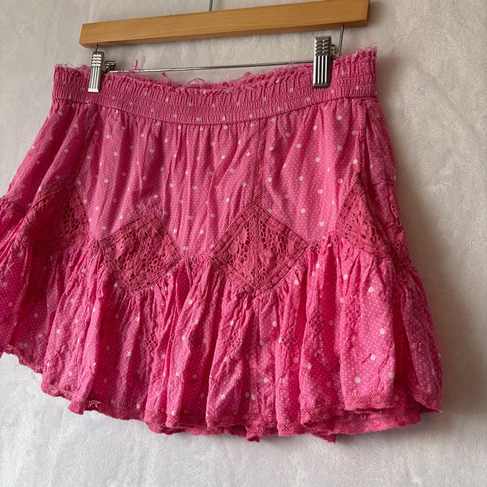 LoveShackFancy womens Pink polka dot lace fray designer Adia Mini‎ Skirt size P - Picture 2 of 9